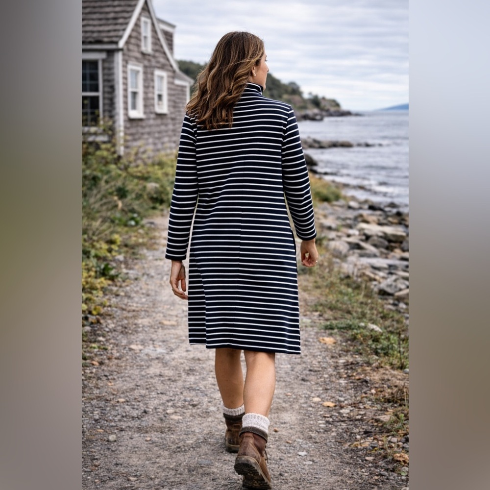L.L. Bean Striped Dress Womens L Navy White Zip Front Cotton Stretch Pockets - Picture 9 of 9